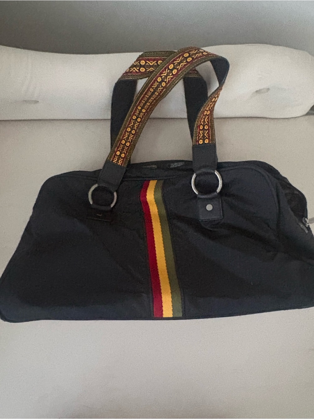 L.A.M.B. Black Shoulder Bag with Red, Yellow, and Green Center Stripe
